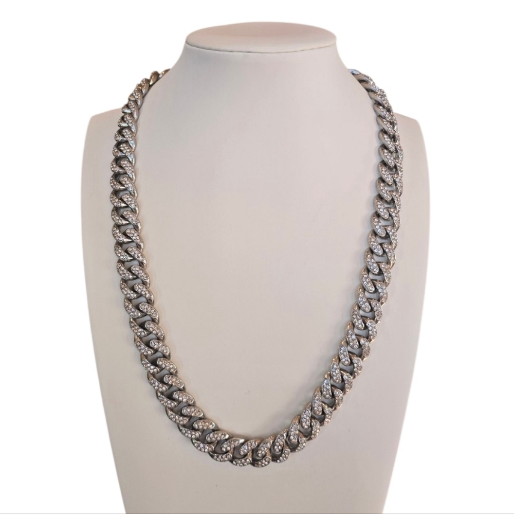 Cuban Link Silvertone Rhinestone Vintage Unisex Chunky Necklace